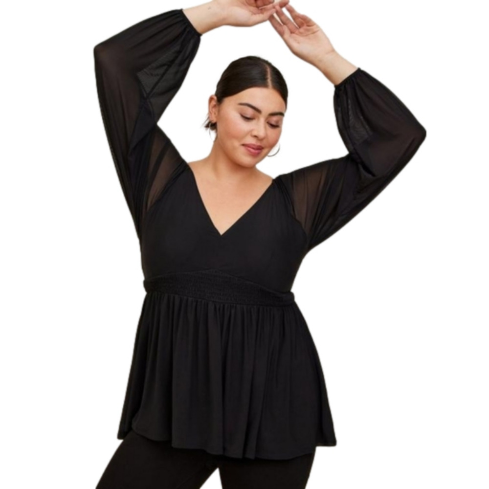 Torrid Stretch Mesh V-Neck Smocked Waist Babydoll peplum Top plus size 3 3X